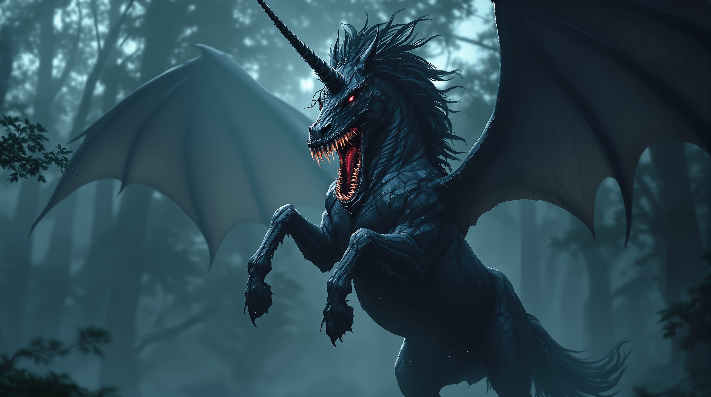 Menacing blue-black dragon with spread wings and red eyes in a misty forest