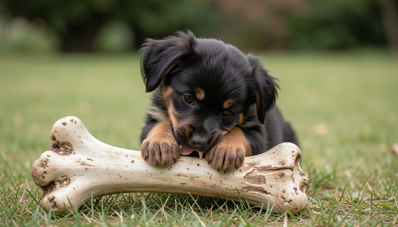 Cute black and tan puppy chewing a large bone in a grassy yard