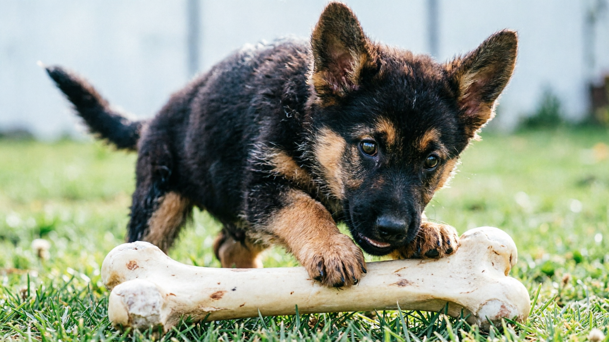 Playful black-and-tan German Shepherd puppy chewing a bone on the grass.