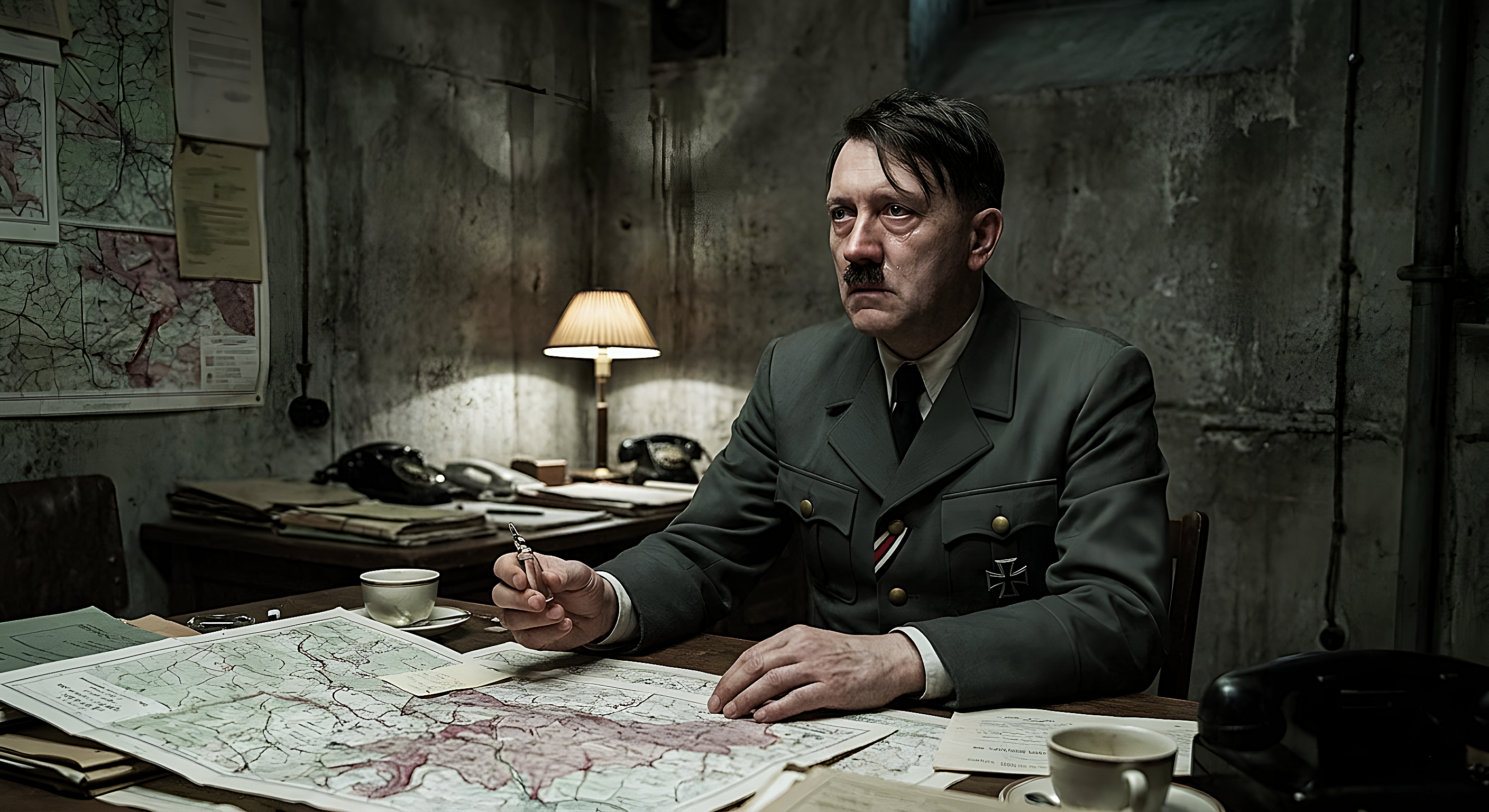 WWII German officer in a dim bunker study room, examining a large battlefield map.
