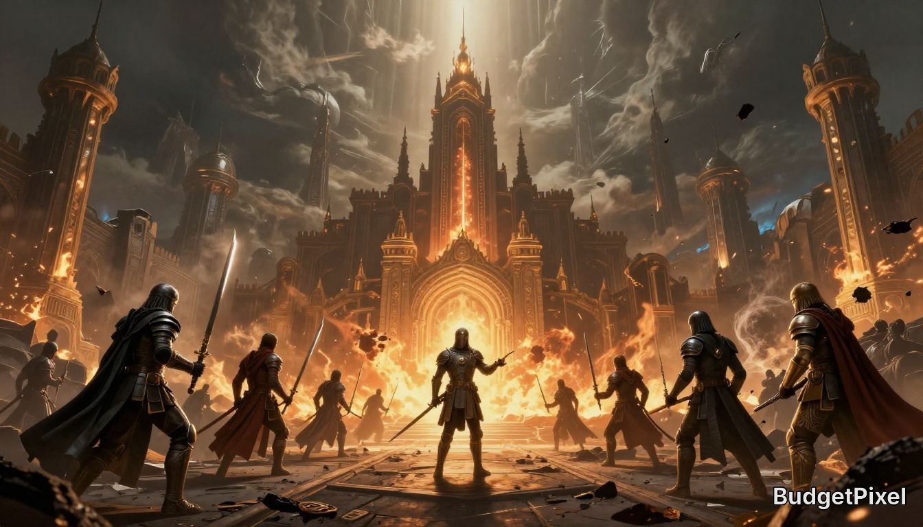 Epic fantasy battle with armored knights facing a fiery, cathedral-like castle.