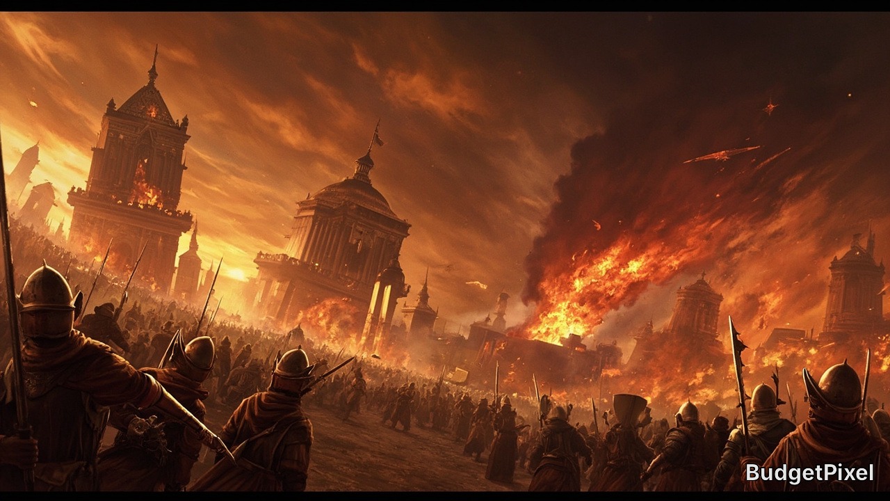 Massive medieval battle scene with burning city and armored soldiers in chaos.
