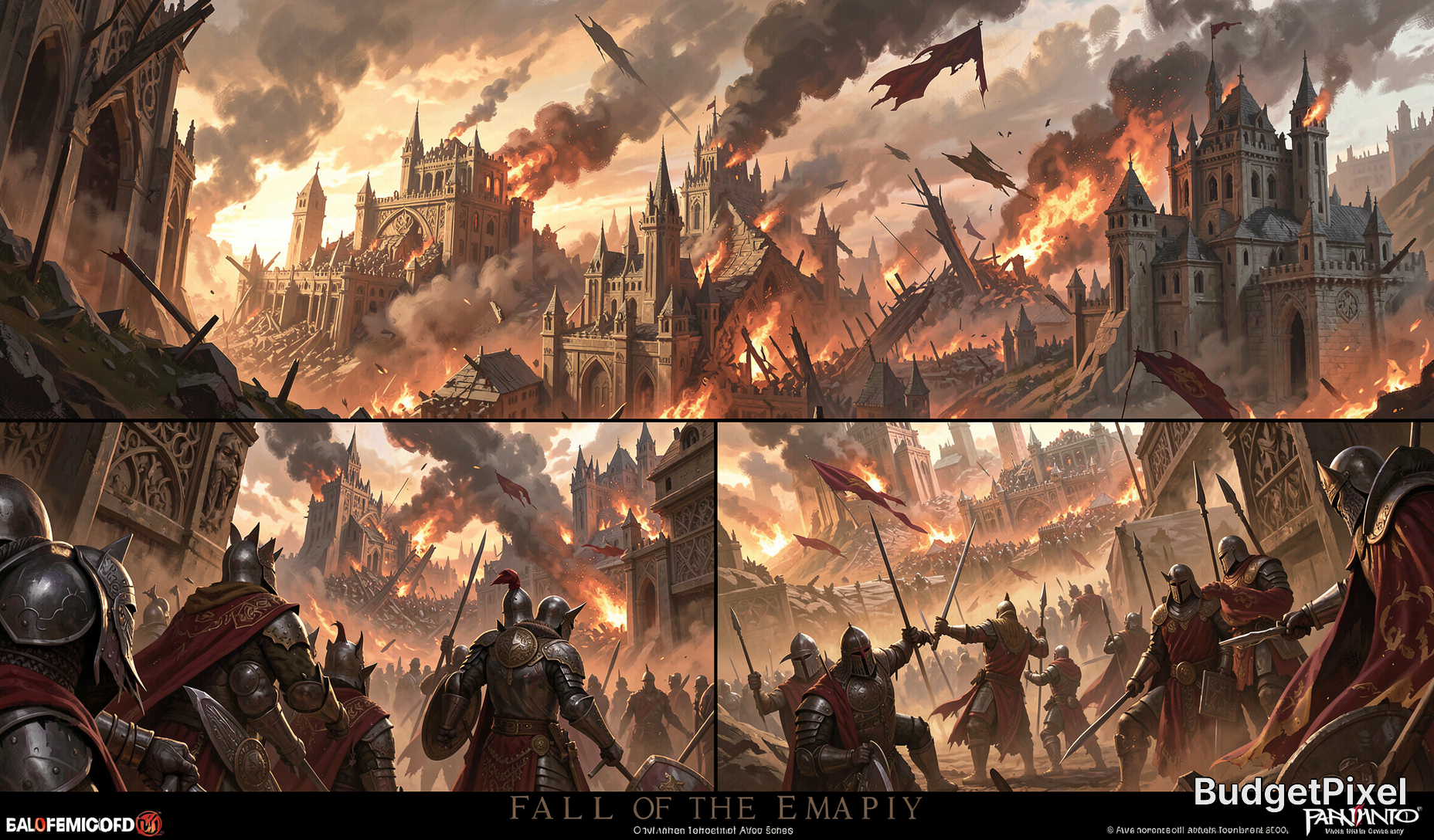 Epic fantasy battle scene of a burning medieval city with armored knights clashing amid flames.