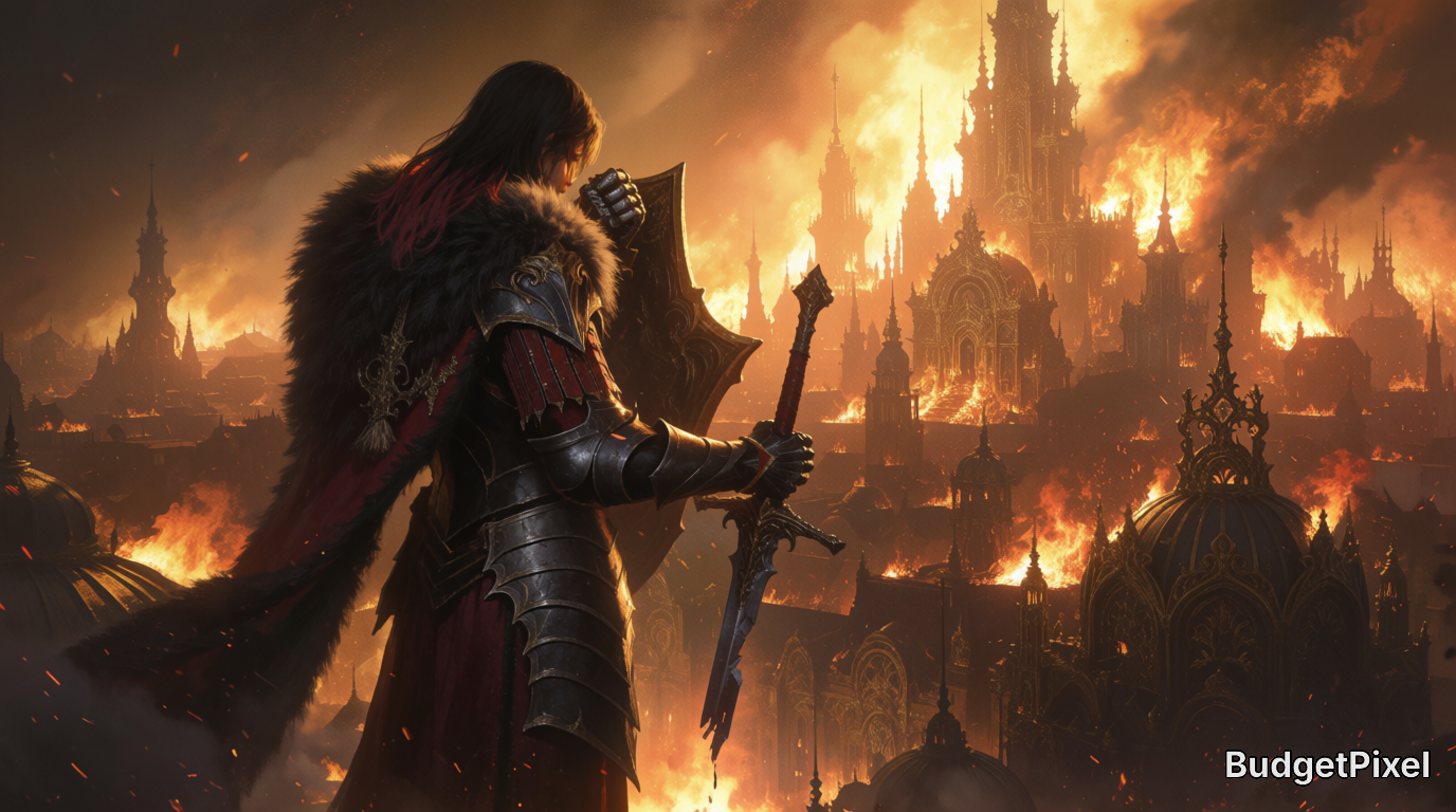 Armored warrior with fur cloak overlooking a fiery, gothic city in flames