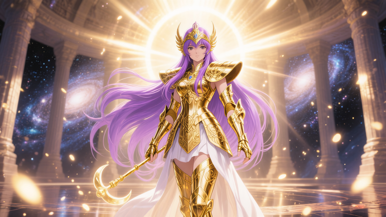 Armored fantasy goddess with gold armor, long purple hair, and a glowing halo in a columned temple.