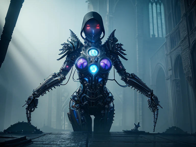 Futuristic armored robot with glowing blue and purple cores in a dark, cathedral-like setting.
