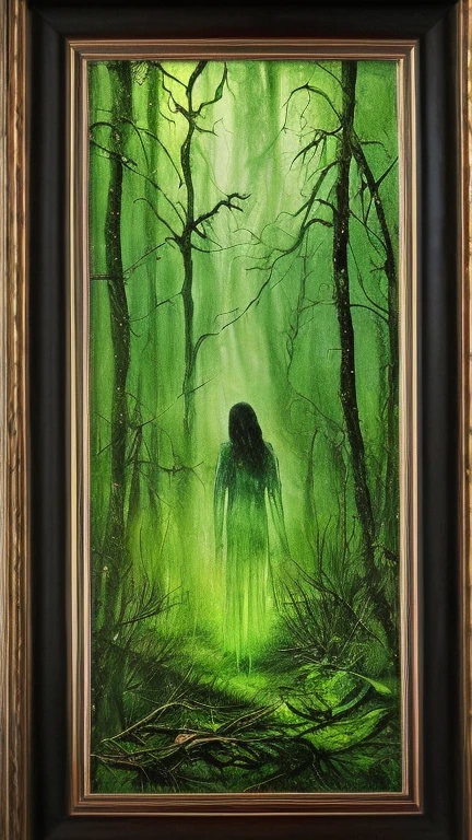 Ghostly figure in a glowing green forest within a tall, framed painting.