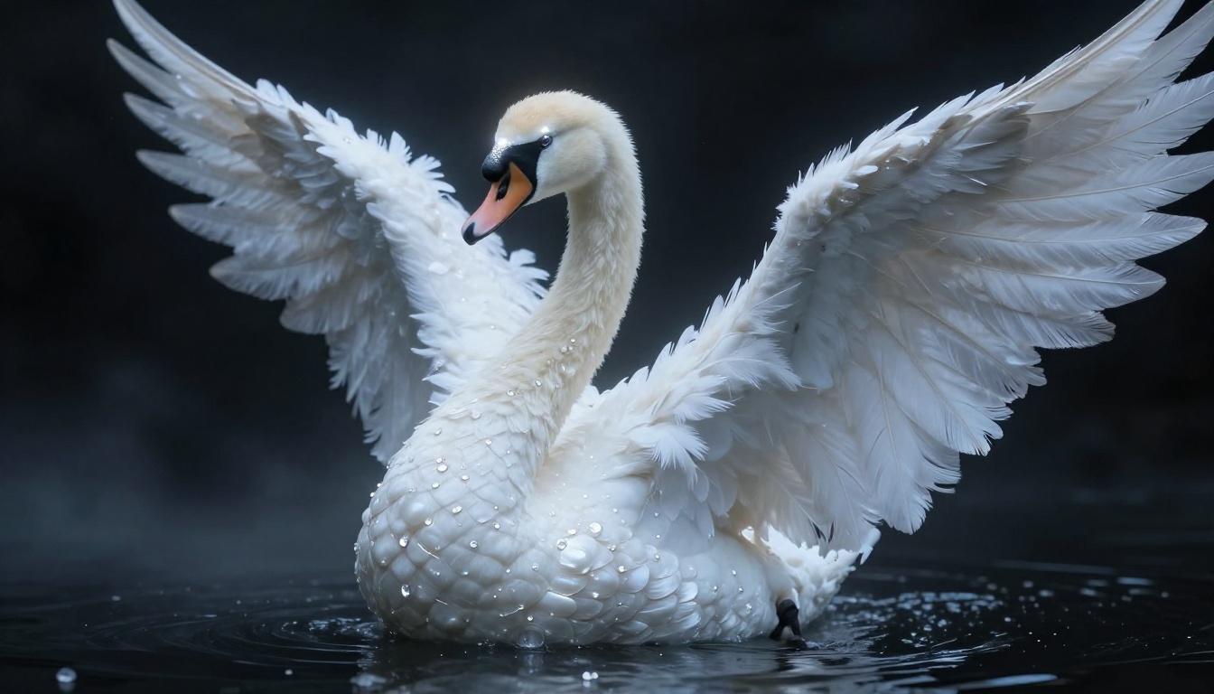 White swan with wings spread on dark water, droplets on feathers, serene aquatic scene
