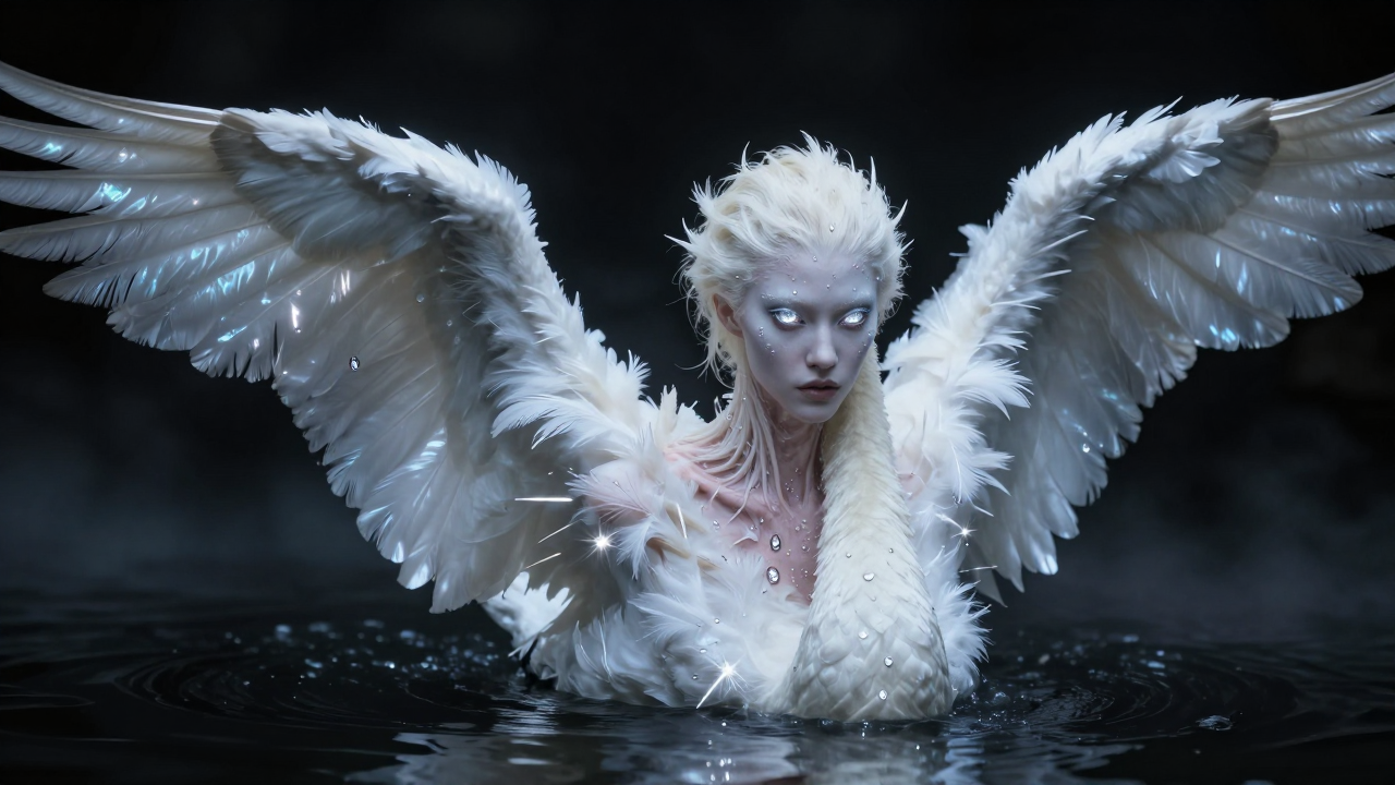 Mythical white-winged figure with glowing pale skin emerging from dark water.