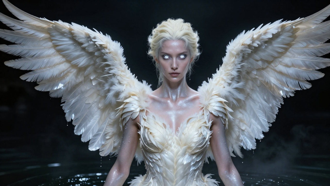 Woman with large white feathered angel wings in a shimmering white dress, standing in dark water.