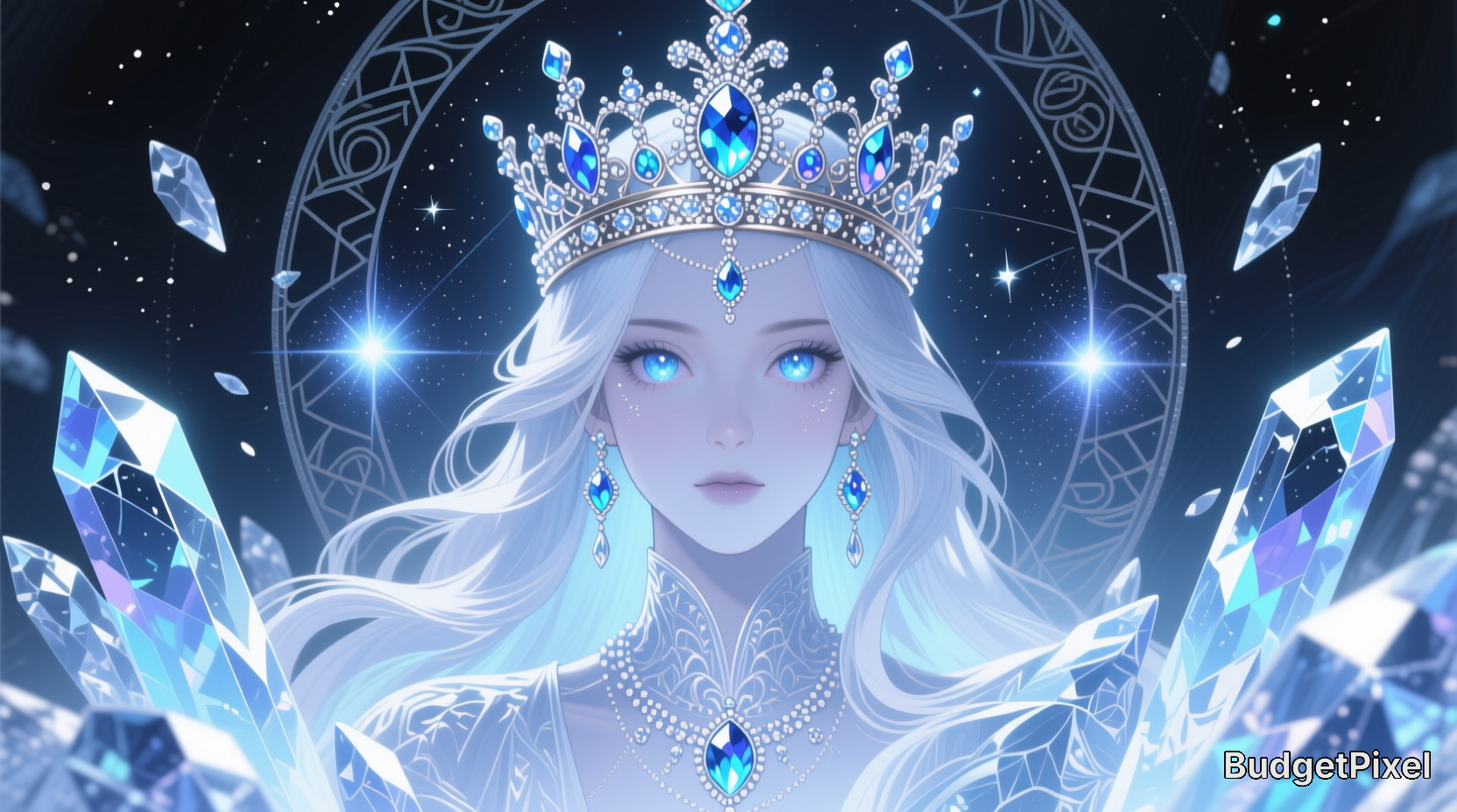 Ethereal anime-style ice queen with a jeweled sapphire crown, glowing blue eyes, surrounded by crystals and a starry magic...