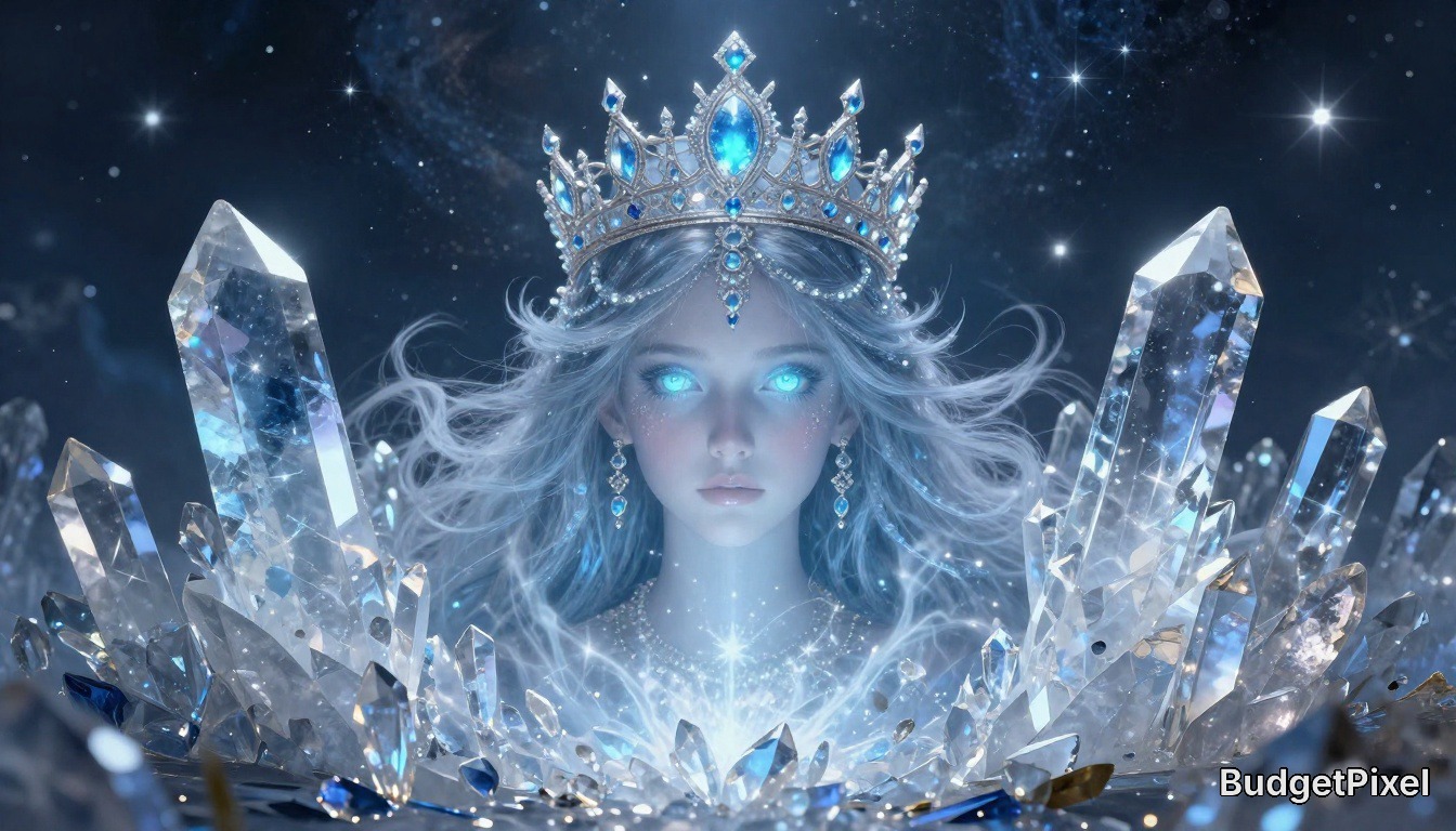 "Mystical celestial ice queen with glowing blue eyes, sapphire crown, framed by clear quartz crystals against a starry nig...