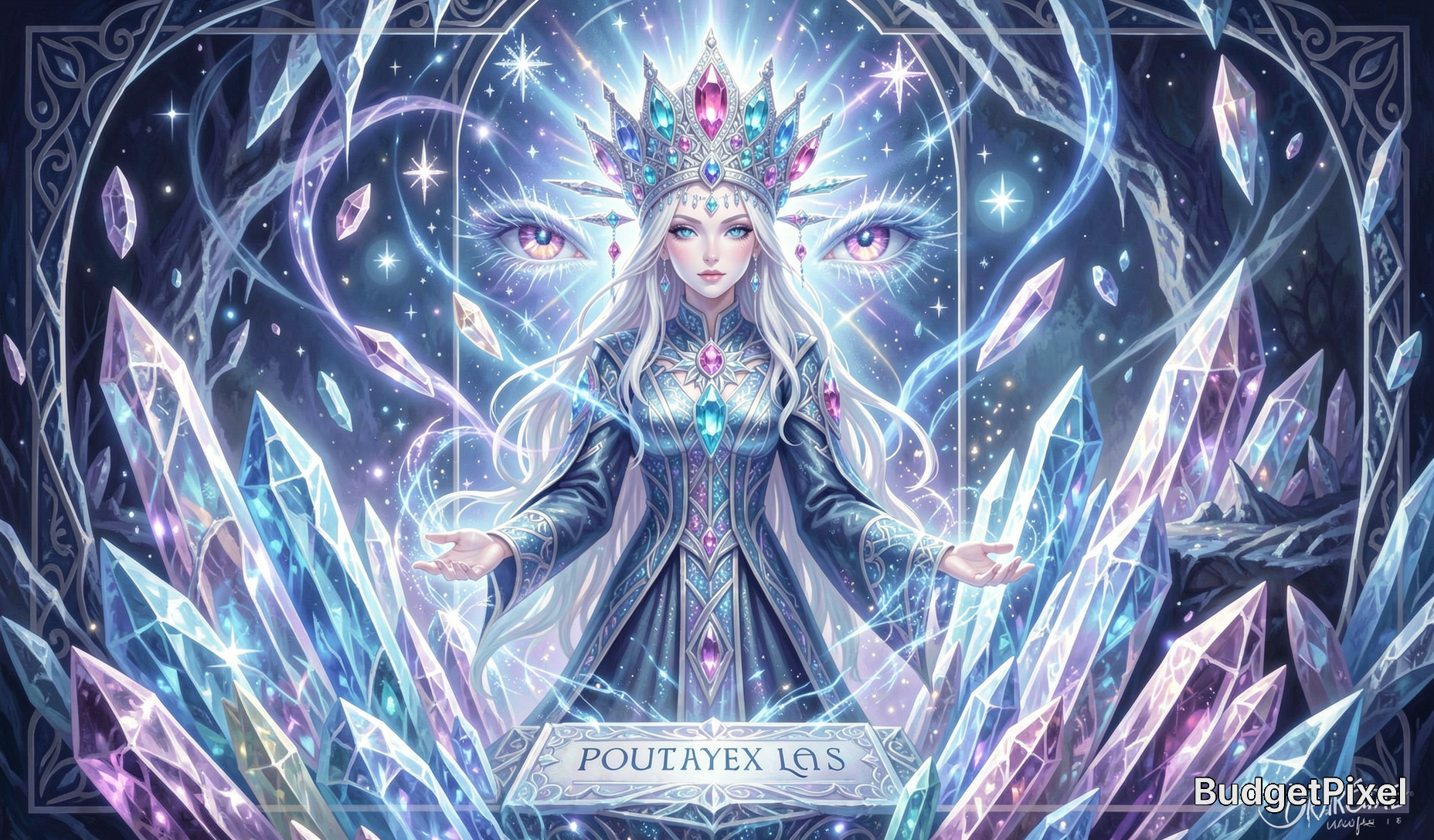 Jewel-crowned mystical ice queen stands amid glowing crystals, with ethereal all-seeing eyes in a starry magical archway f...