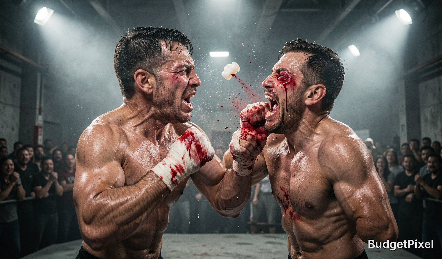 Two bloody bare-knuckle boxers fight in an underground warehouse ring, one’s mouthguard flies out mid-punch as a cheerin...