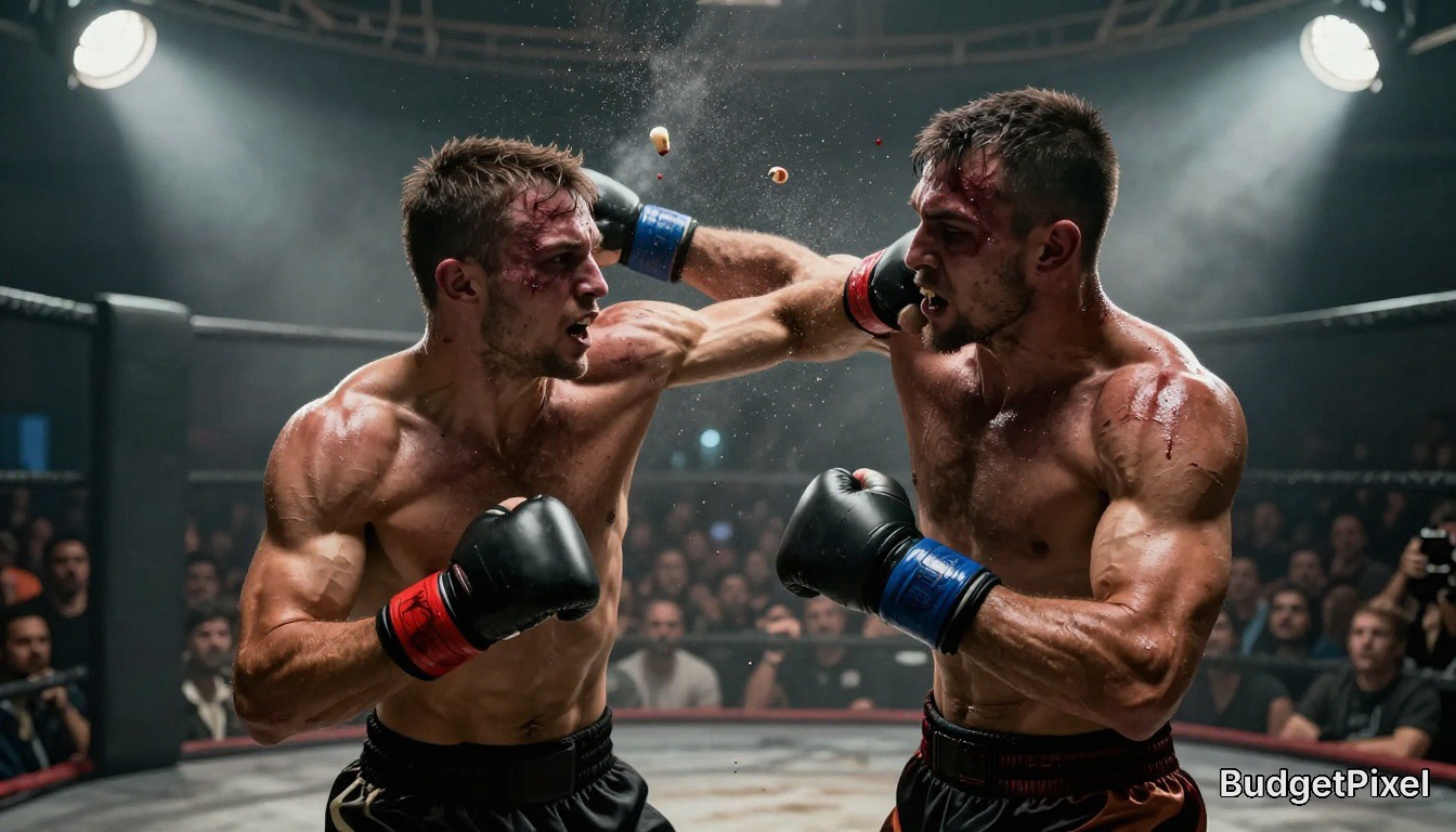 Two bloodied male MMA fighters land simultaneous punches mid-cage fight, teeth flying from the impact,