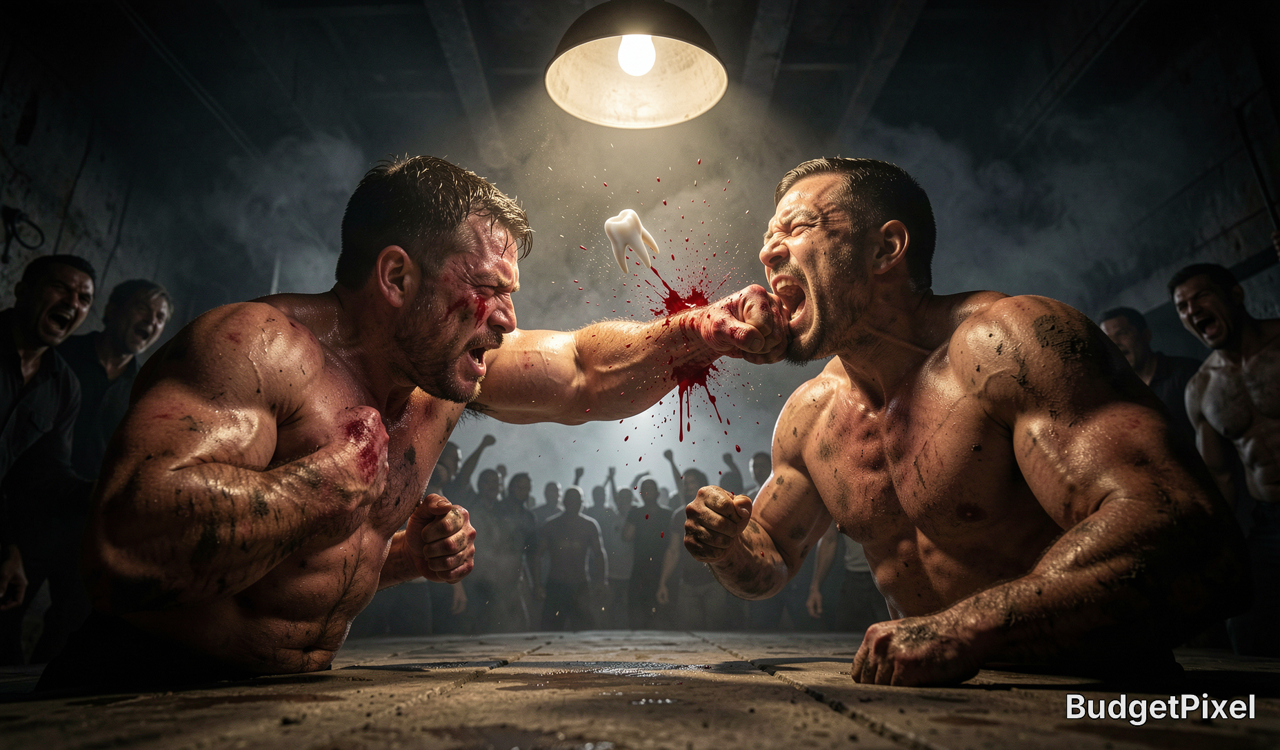 Two muscular underground fighters brawl; one lands a knockout punch that knocks his opponent’s tooth loose, as a cheerin...