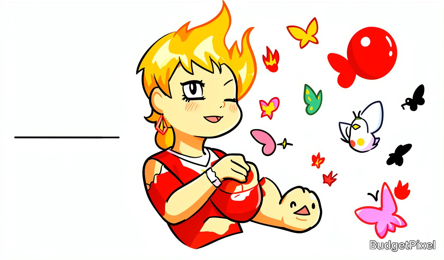 Cute chibi fire-haired anime girl winks, holding a chicken-topped muscular arm, surrounded by colorful whimsical butterfli...