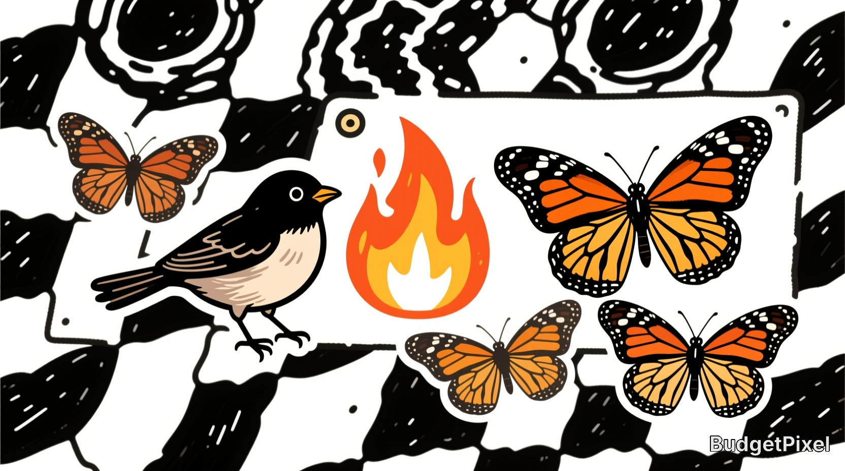 Cartoon illustration of a small bird, campfire, and monarch butterflies set over a California wildfire-burned landscape si...