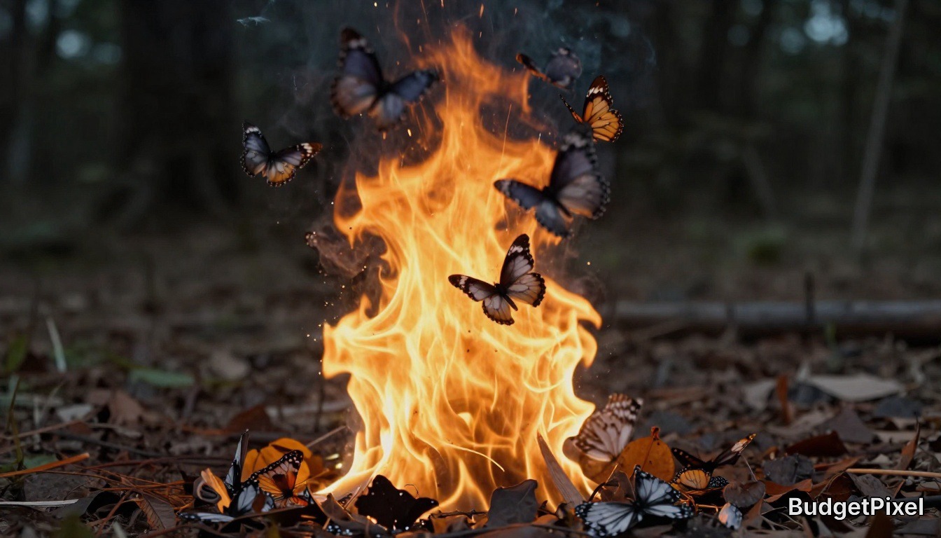 Surreal conceptual image of monarch-style butterflies swirling around a small burning campfire in a dim forest clearing.