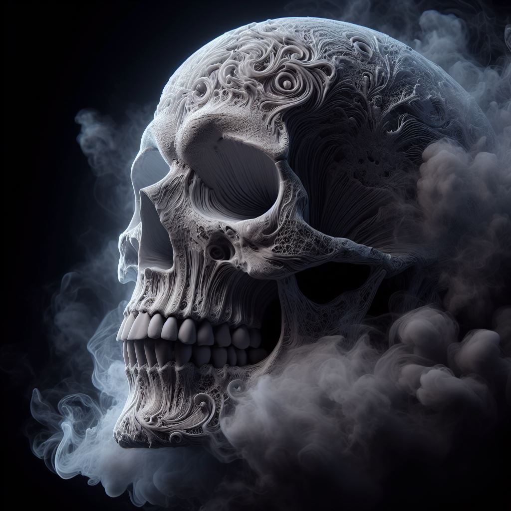 Intricately filigree-carved ornate human skull wreathed in wispy smoke against a dark moody black background