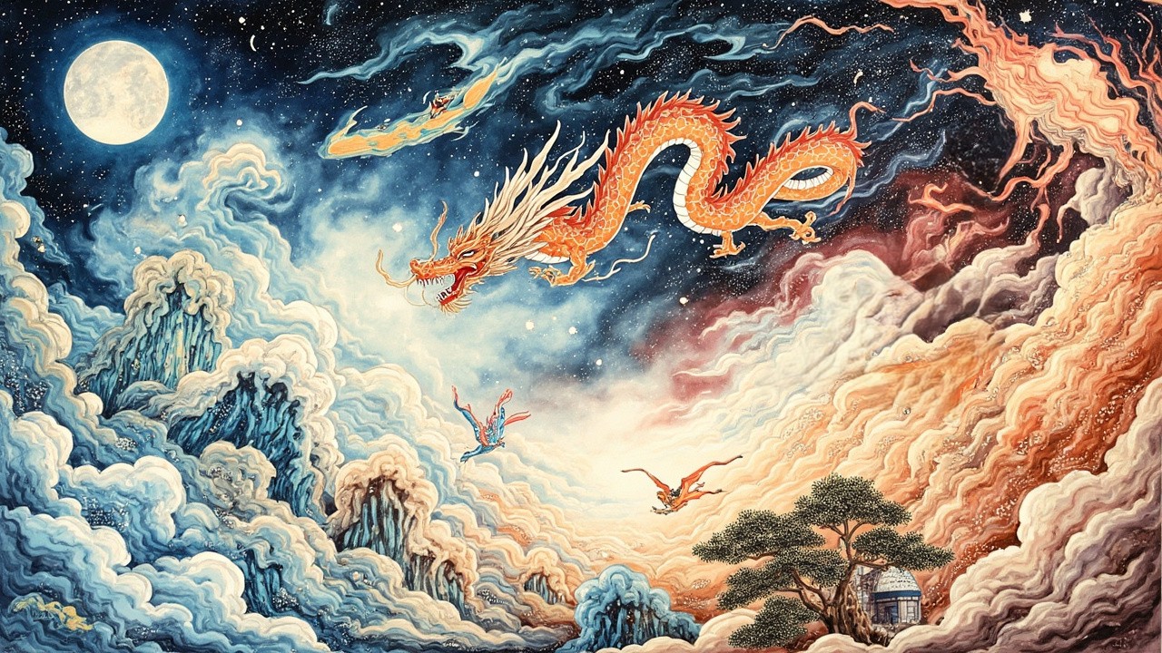 Vibrant golden Chinese dragon flies through a swirling starry night sky above misty mythical mountain peaks under a bright...