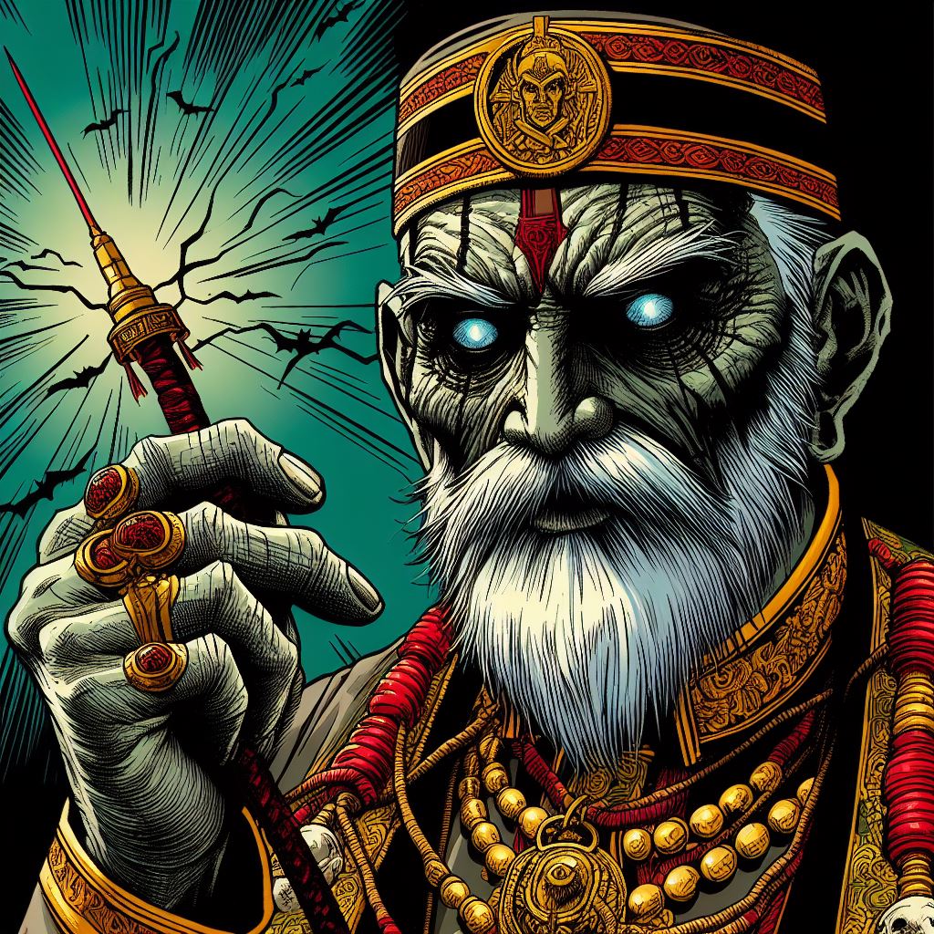 [Undead ancient lich wizard king with glowing blue eyes holds an ornate staff, bold comic art style with teal storm bat-fi...