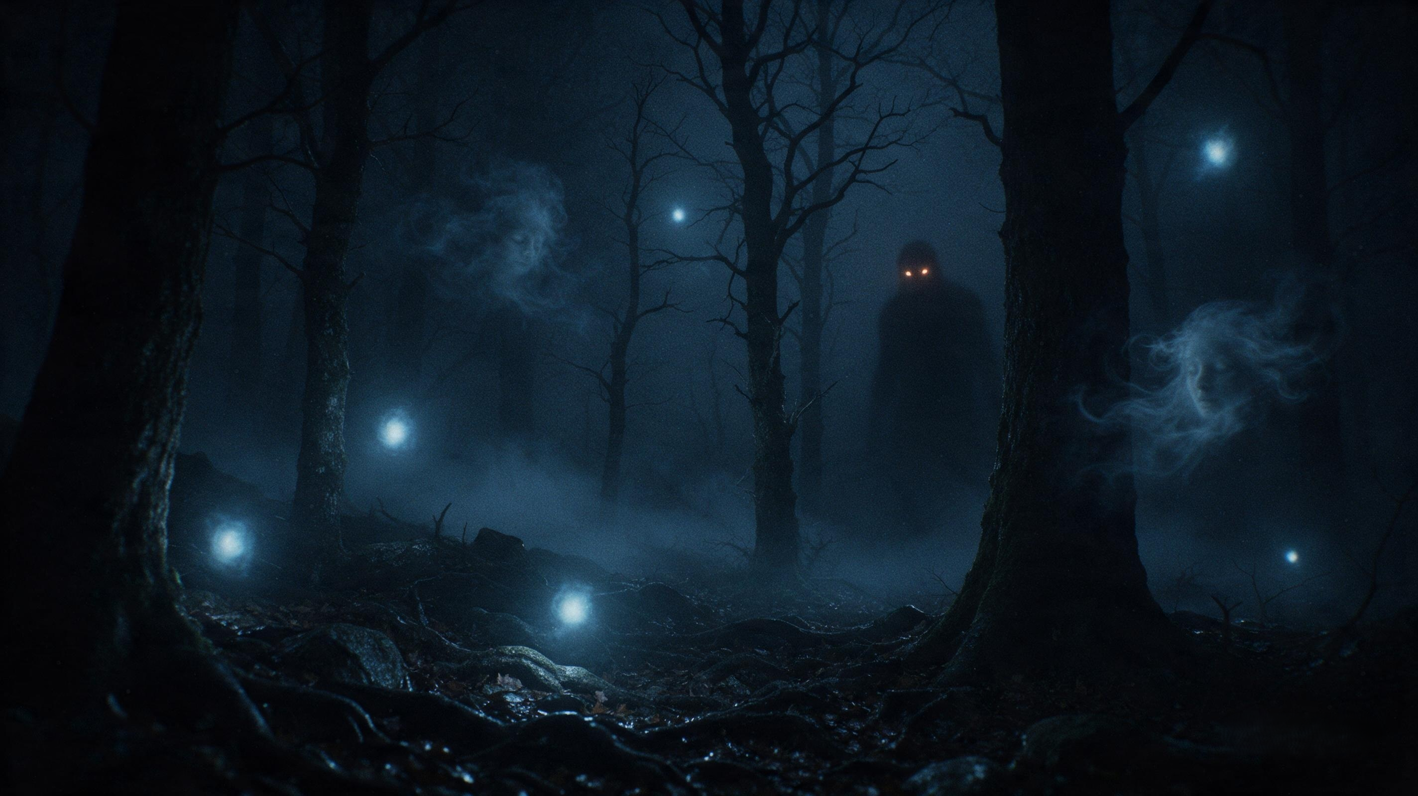 Glowing will-o'-the-wisps drift through a misty haunted forest — AI art ...