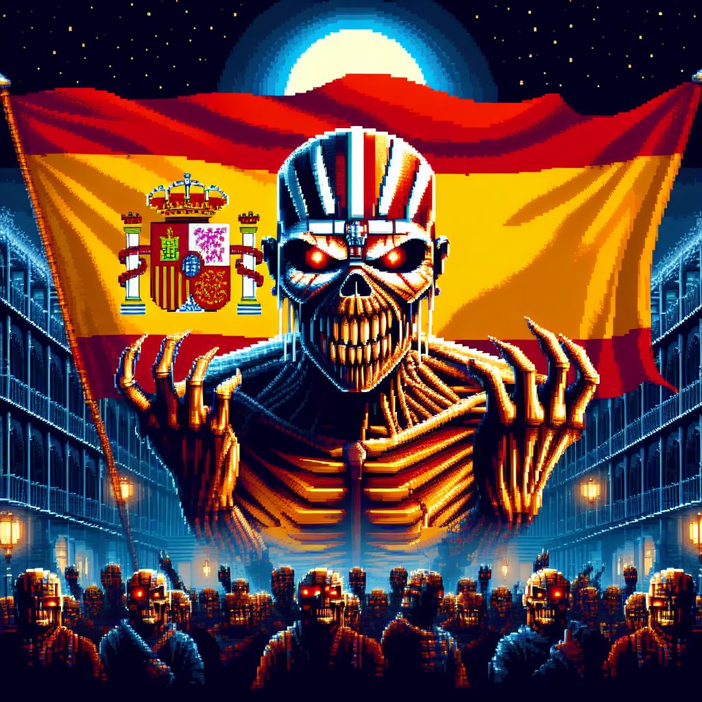 Menacing pixel art skeletal mascot looms before a Spanish flag over a crowd of skeletons at night
