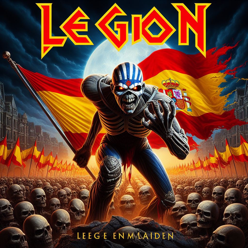 Skeletal Iron Maiden-style mascot holds a tattered Spanish flag above a sea of skulls on a metal album cover