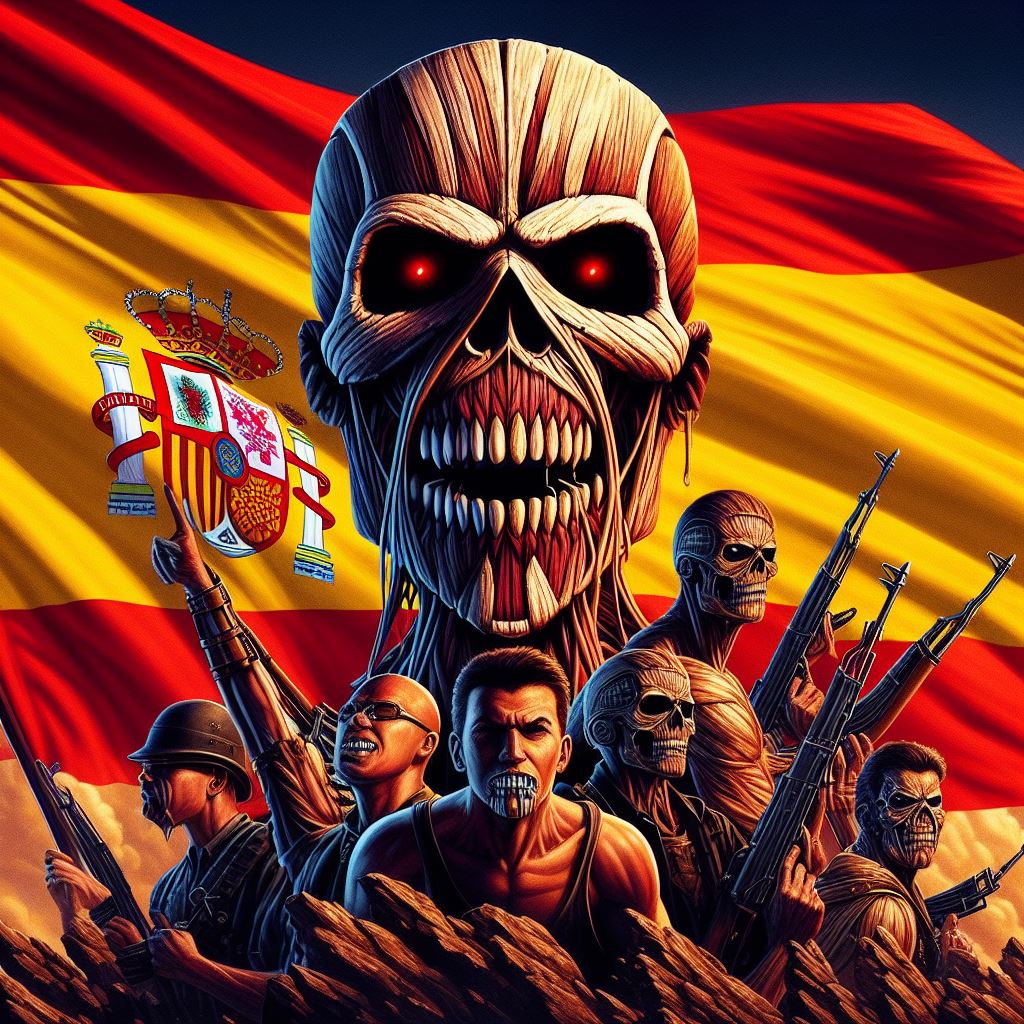 Menacing skeletal titan and armed militant figures stand posed in front of a waving Spanish national flag