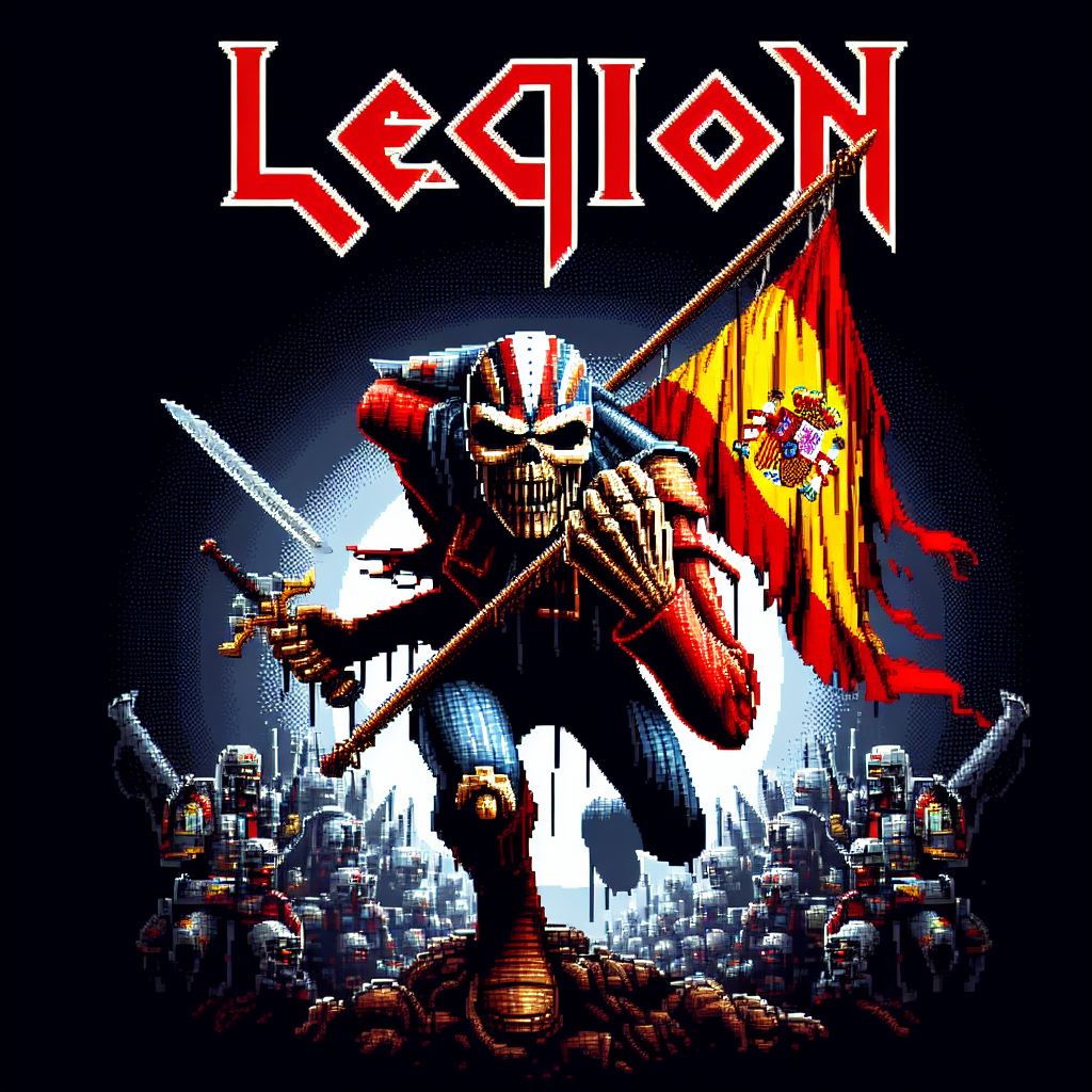 Armored skeletal warrior holds a tattered Spanish flag above a pixelated army below stylized red Legion text