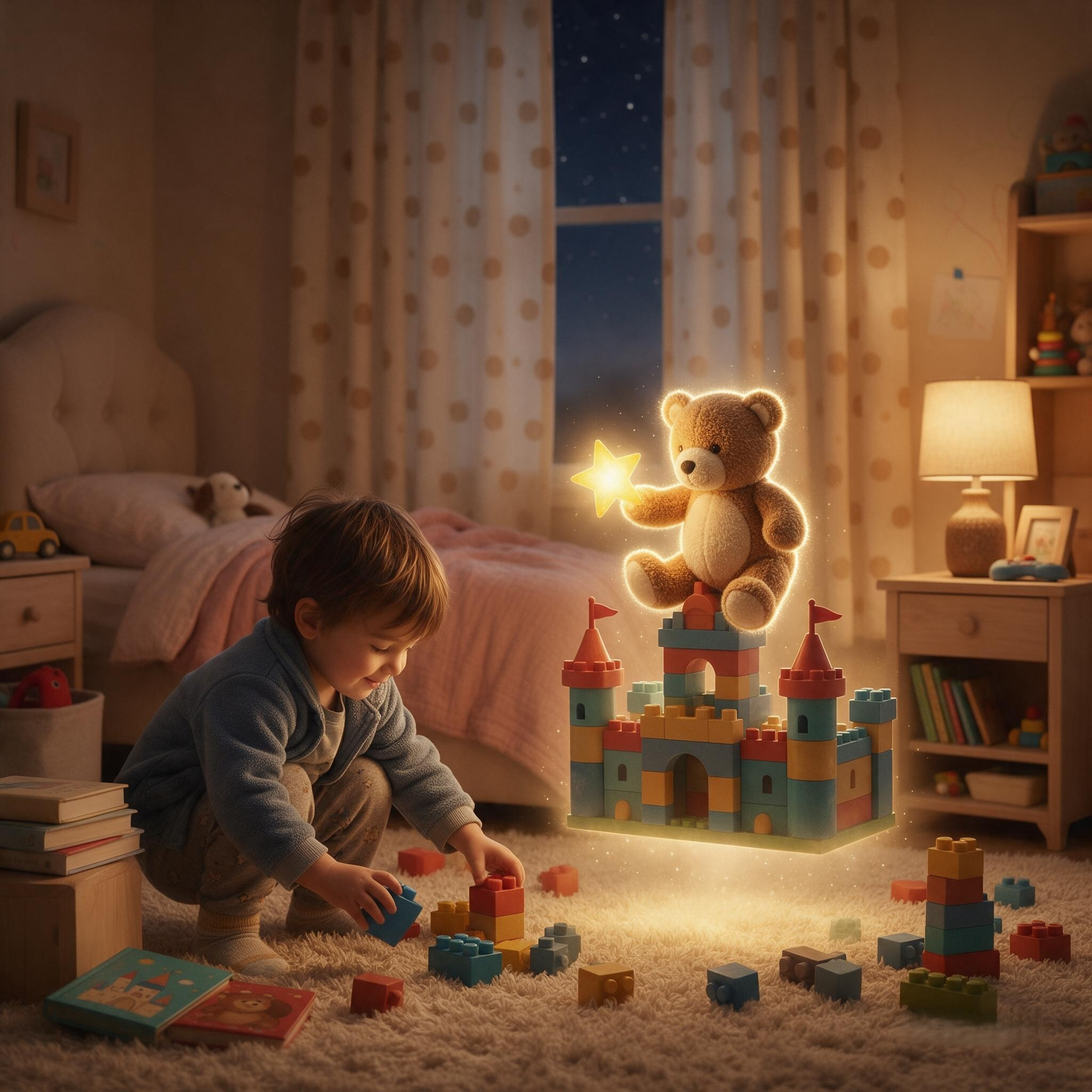 Young boy builds toy blocks as a glowing magical teddy bear floats above a block castle in a cozy nighttime bedroom