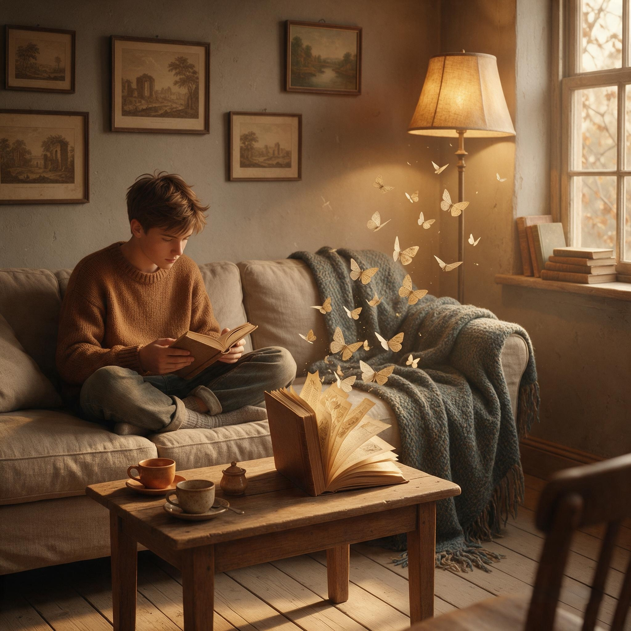 Teen boy reading on a cozy sofa as glowing butterflies rise from an open book on the coffee table