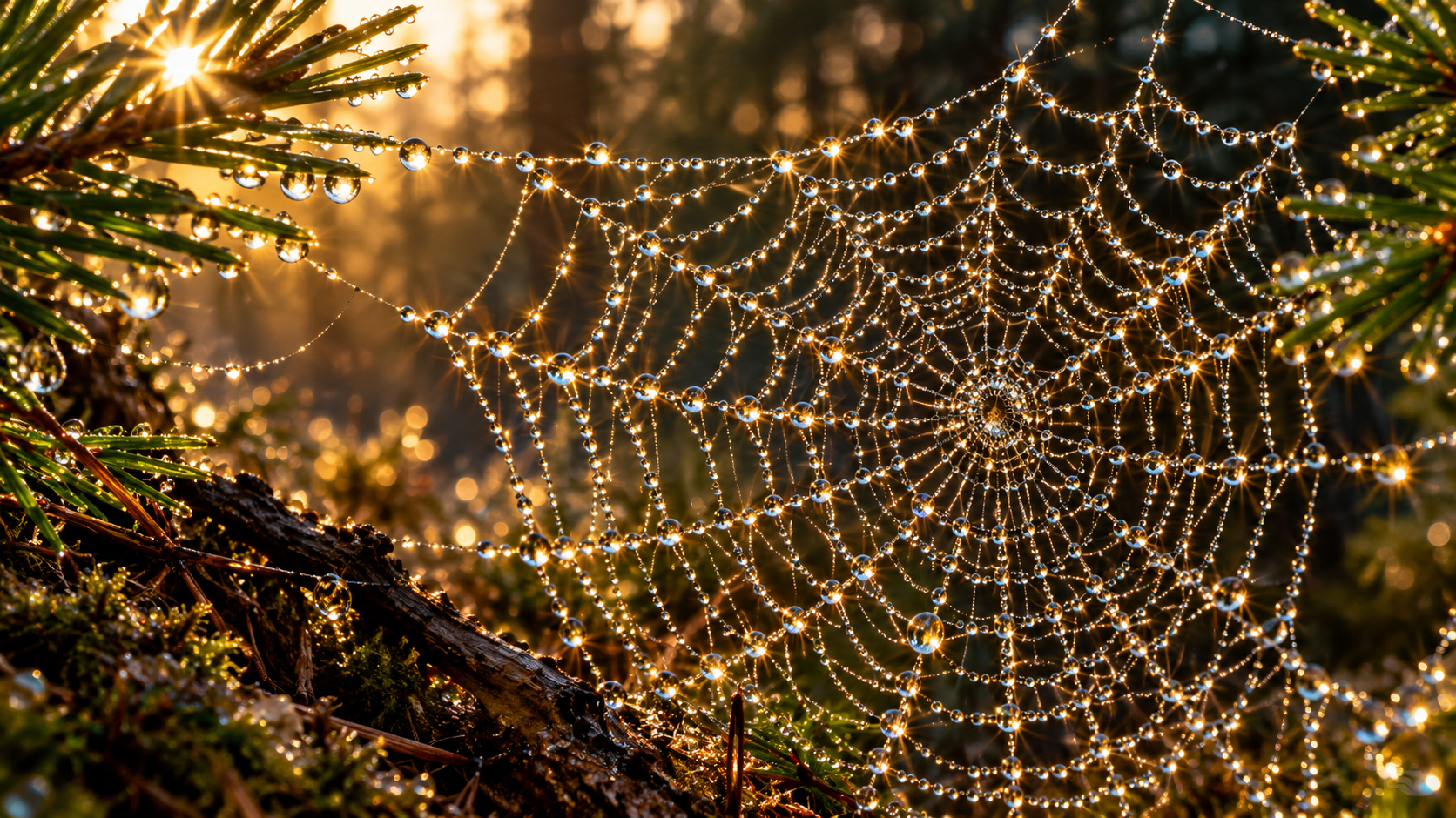 Dew-covered orb spider web glows with sparkling droplets in golden sunrise pine forest.
