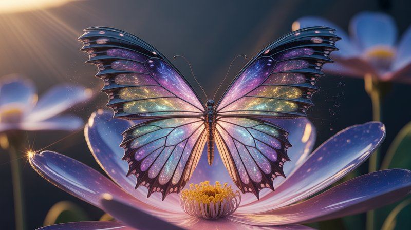 Colorful iridescent butterfly perched on a pink flower with soft sunlight.