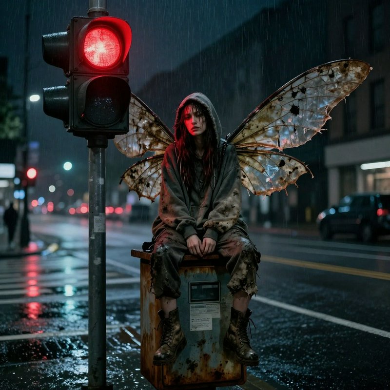 Dark urban fairy with torn wings sits on a rusty box under a red traffic light in the rain.
