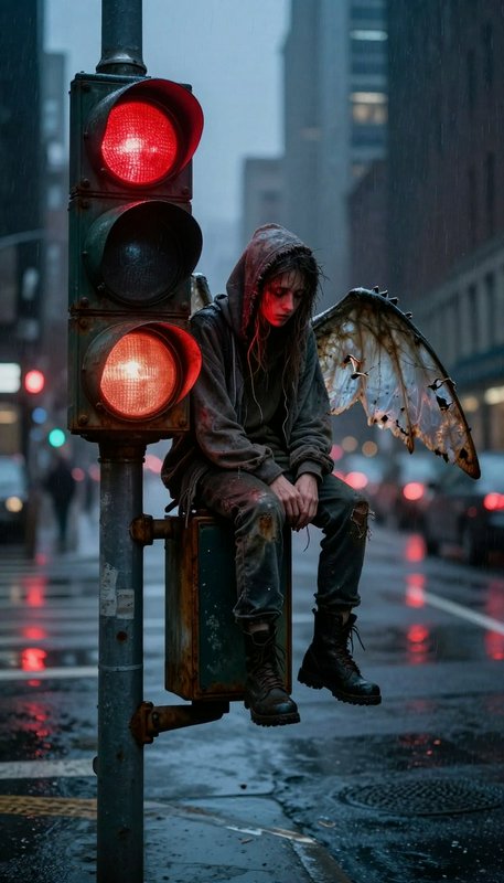 Desolate figure with torn hoodie and damaged wings sits on a box beside a red traffic light in a rainy city street.