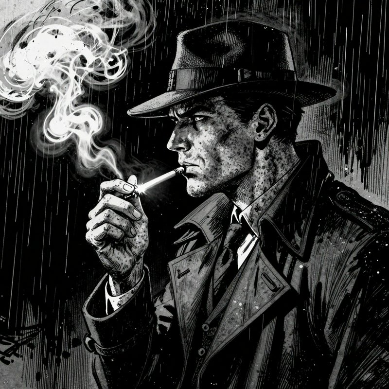 Black-and-white noir illustration of a man in a fedora and trench coat smoking a cigarette in the rain.