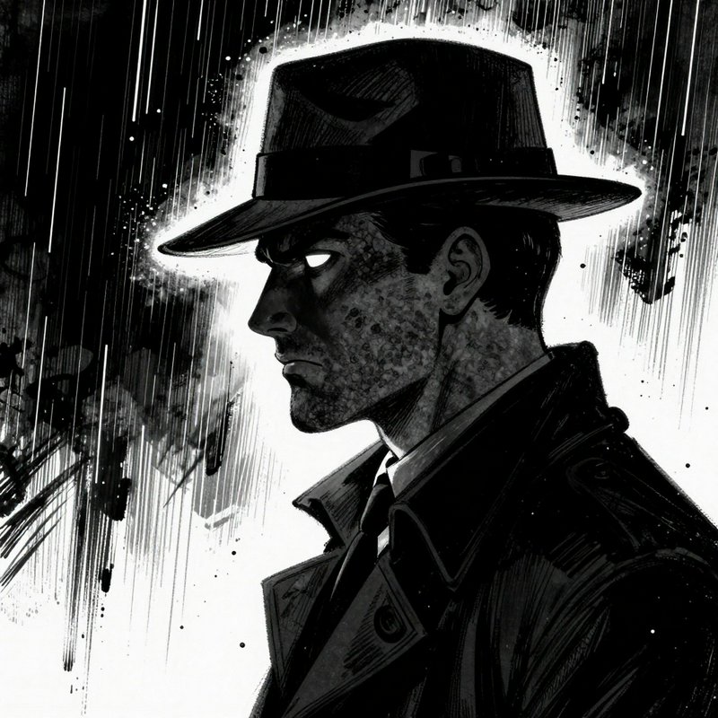 Black-and-white noir illustration of a detective in a trench coat and fedora in the rain.