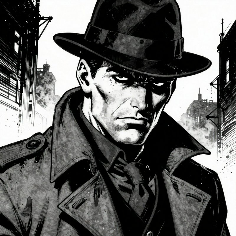 Noir detective in a trench coat and fedora, stern expression, urban alley background in black-and-white illustration