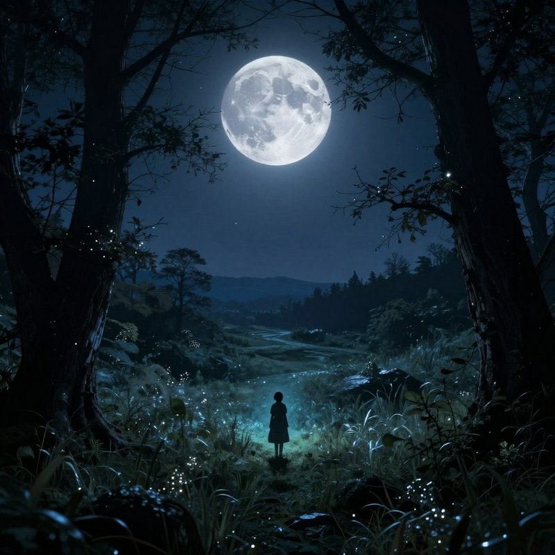 Moonlit forest scene with a small silhouette under a bright full moon