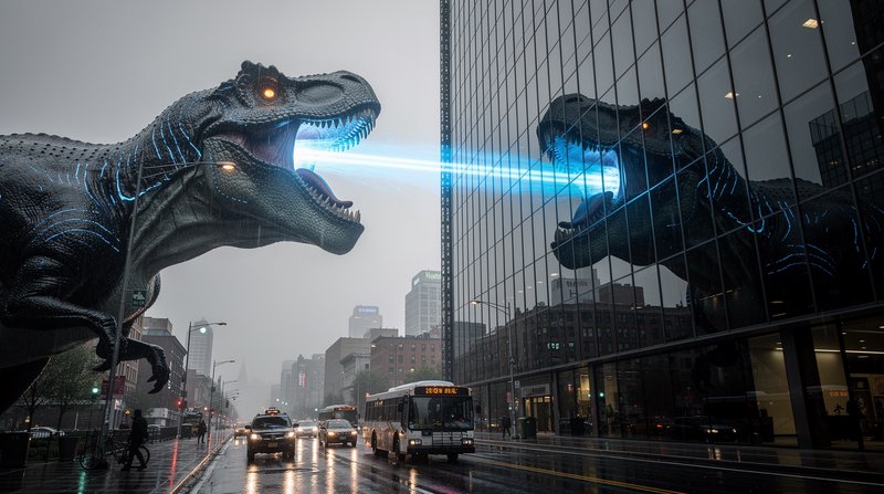 Two giant T-rexes duel with blue laser beams in a rainy urban street, reflected in a glass skyscraper.