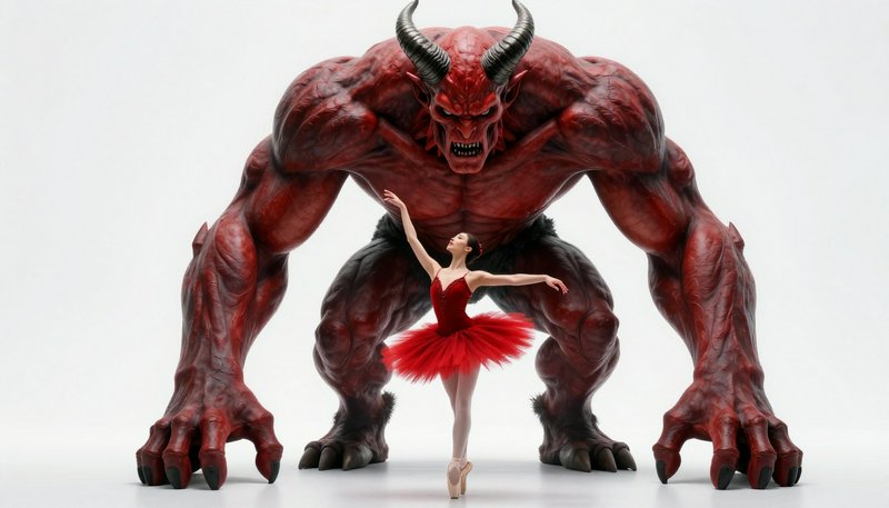 Red demon creature with horns towering over a ballet dancer in a red tutu.