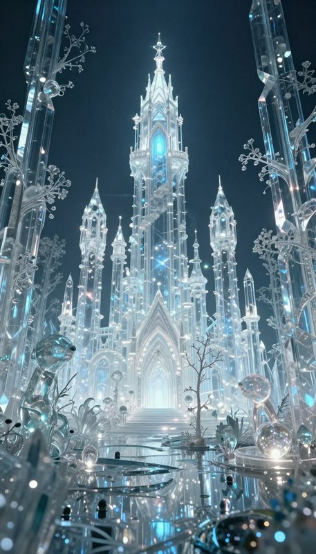 Crystal castle interior with towering spires and icy trees in a blue-lit fantasy scene.