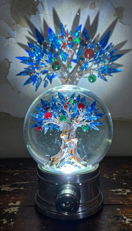 Illuminated glass snow globe with a blue crystal tree and colorful ornaments inside