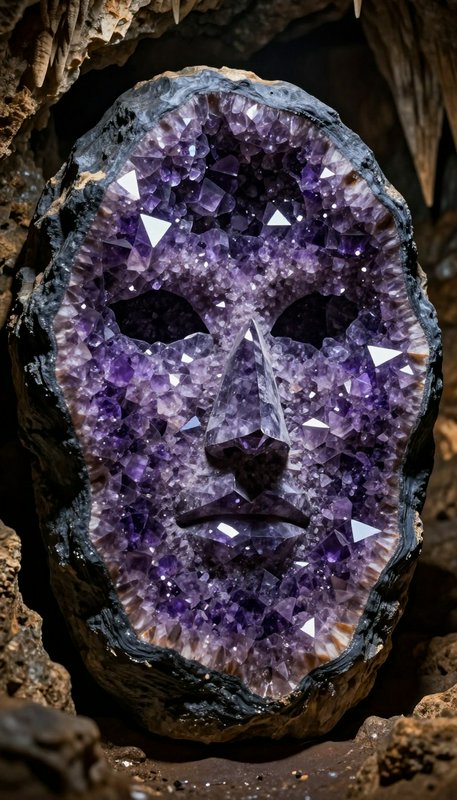 Purple amethyst geode carved into a human face inside a rocky cave.