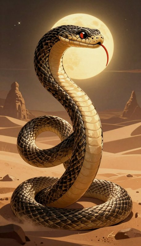 A coiled cobra in a desert under a full moon, dramatic lighting highlighting its scales.