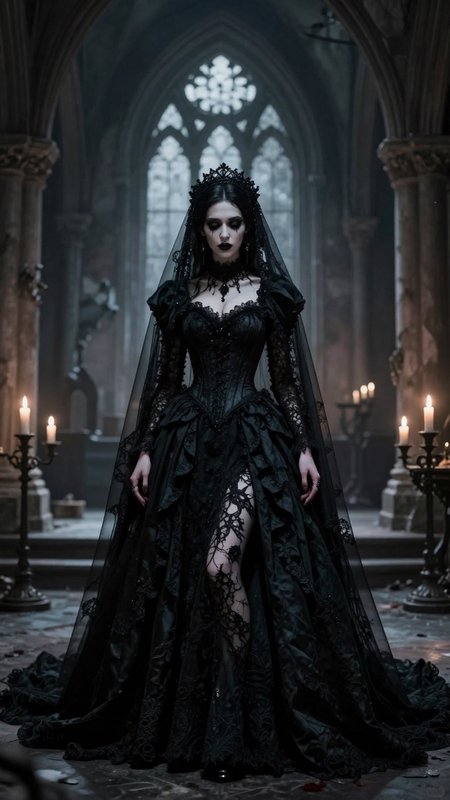 Gothic queen in black lace gown and veil standing in a candlelit cathedral.