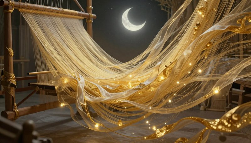 Dreamy golden fabric and fairy lights draped over a bed frame with a crescent moon in a night sky.