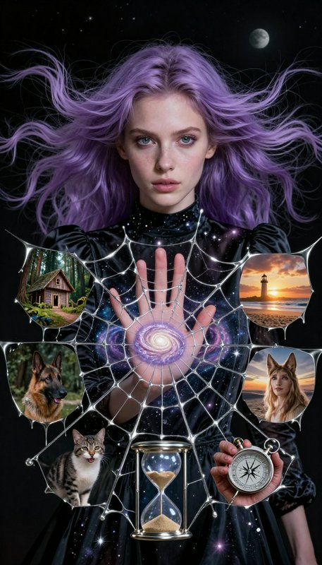 Girl with purple hair casting a spell, holding a cosmic spiderweb of memories and photos.